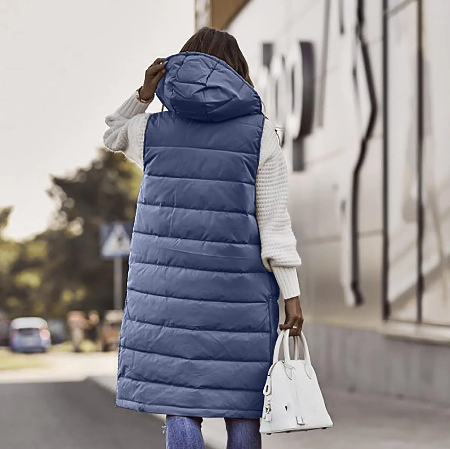 hlysgo Womens Quilted Puffer Vest Maxi Length Sleeveless Hooded Packable Winter Warm Thickened Down Jacket