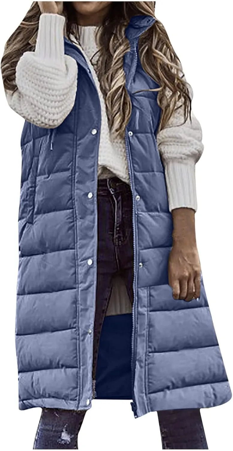 hlysgo Womens Quilted Puffer Vest Maxi Length Sleeveless Hooded Packable Winter Warm Thickened Down Jacket