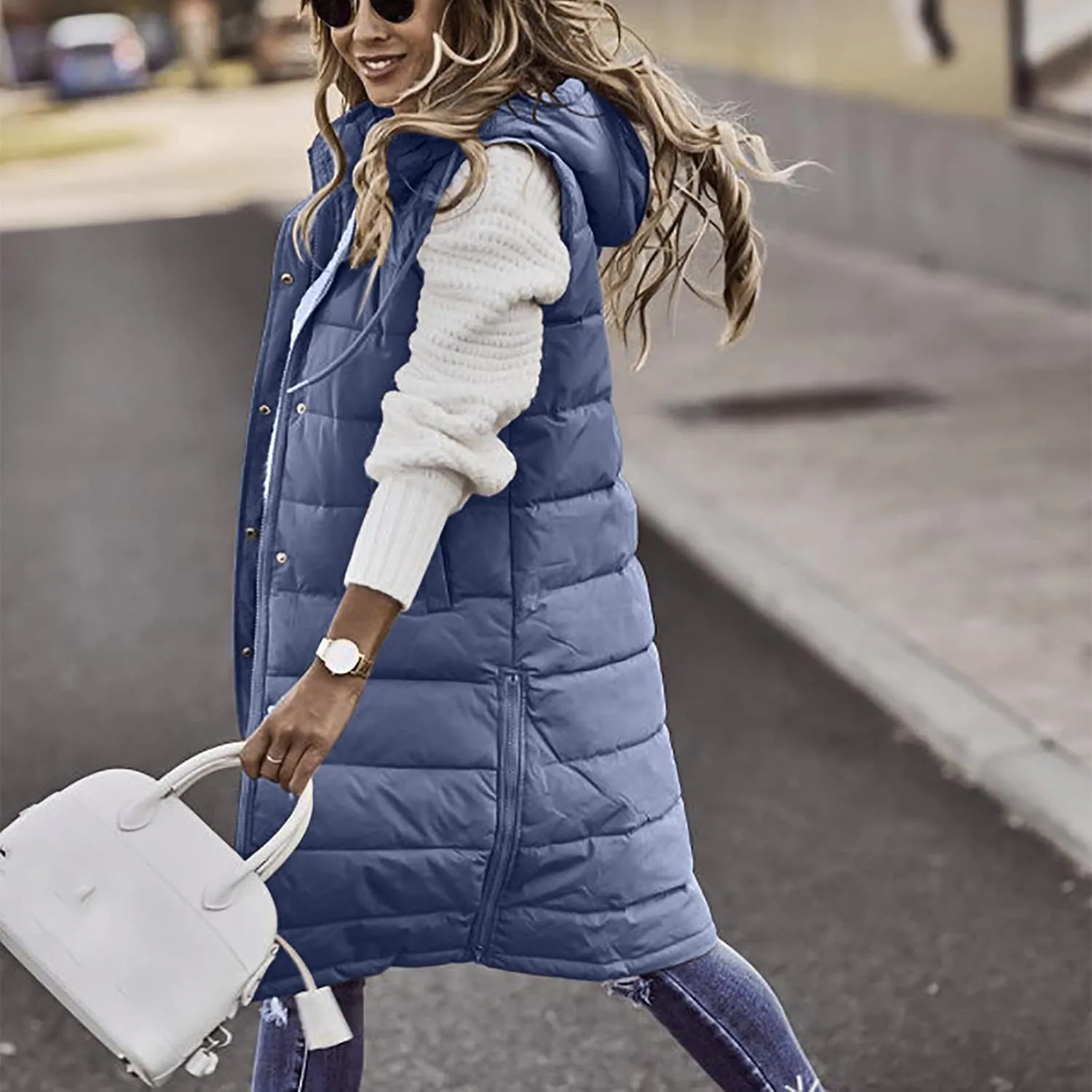 hlysgo Womens Quilted Puffer Vest Maxi Length Sleeveless Hooded Packable Winter Warm Thickened Down Jacket
