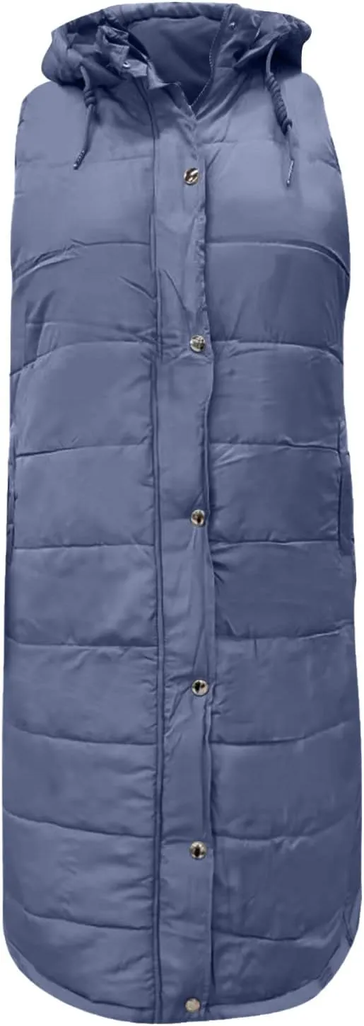 hlysgo Womens Quilted Puffer Vest Maxi Length Sleeveless Hooded Packable Winter Warm Thickened Down Jacket