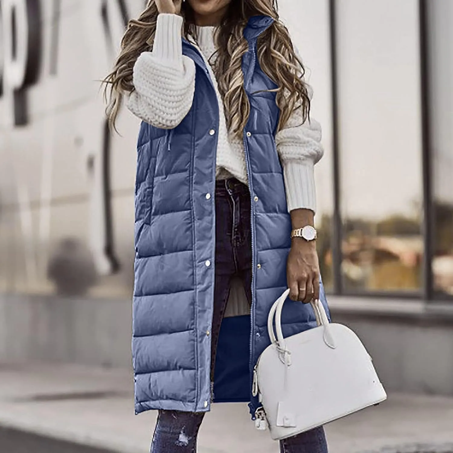 hlysgo Womens Quilted Puffer Vest Maxi Length Sleeveless Hooded Packable Winter Warm Thickened Down Jacket