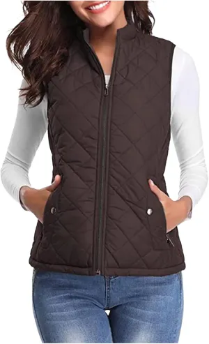 hlysgo Women's Quilted Vest, Stand Collar Lightweight Zip Pockets Padded Gilet Sleeveless Zipper Coat Jacket Outwear