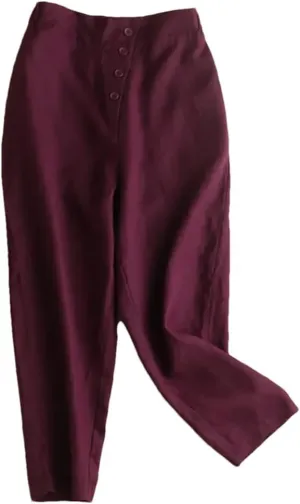 Hndudnff Women Button Solid Ankle-Length Pants Casual Elastic Waist Harem Pant Office Work Pants