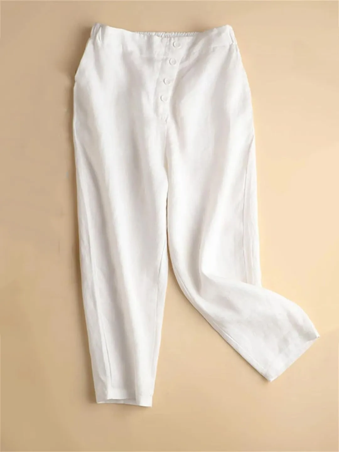 Hndudnff Women Button Solid Ankle-Length Pants Casual Elastic Waist Harem Pant Office Work Pants