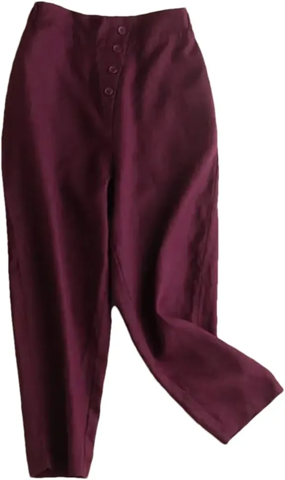 Hndudnff Women Button Solid Ankle-Length Pants Casual Elastic Waist Harem Pant Office Work Pants