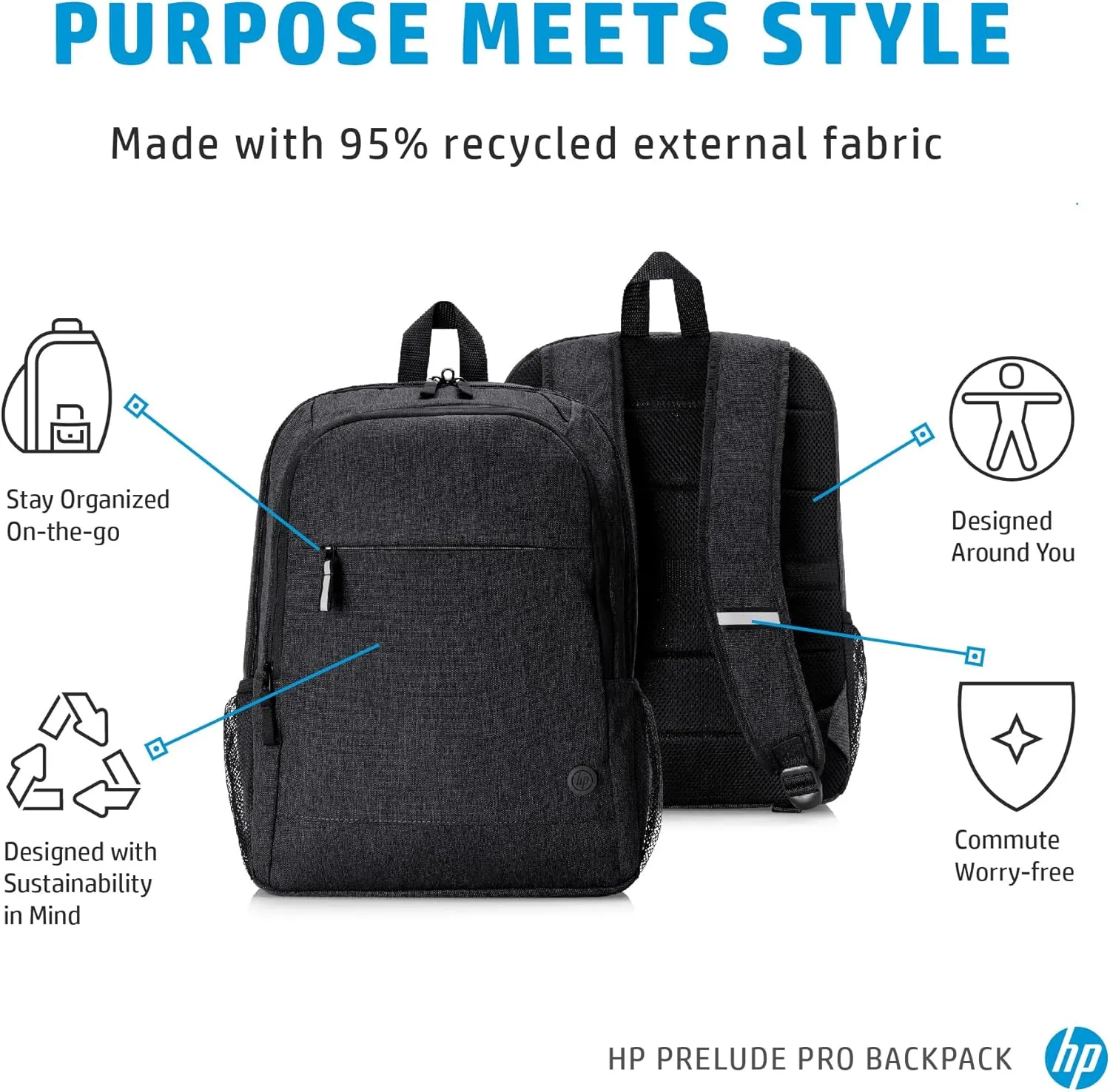 HP Prelude Pro Backpack - Fits 15.6" Laptops - Durable Fabric w/ Water-resistant Coating - Padded Compartment, Zipper & Slip Compartments - Adjustable Padded Shoulder Straps (#4Z513AA)