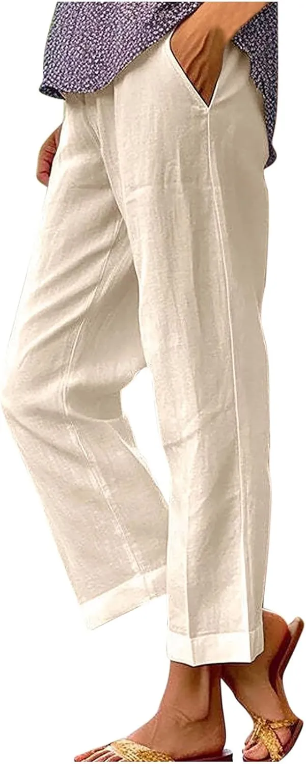 Hvyesh Linen Pants Women Summer, Womens Linen Pants Petite Length Elastic Waist Wed Leg, Straight Leg Pants for Women Casual