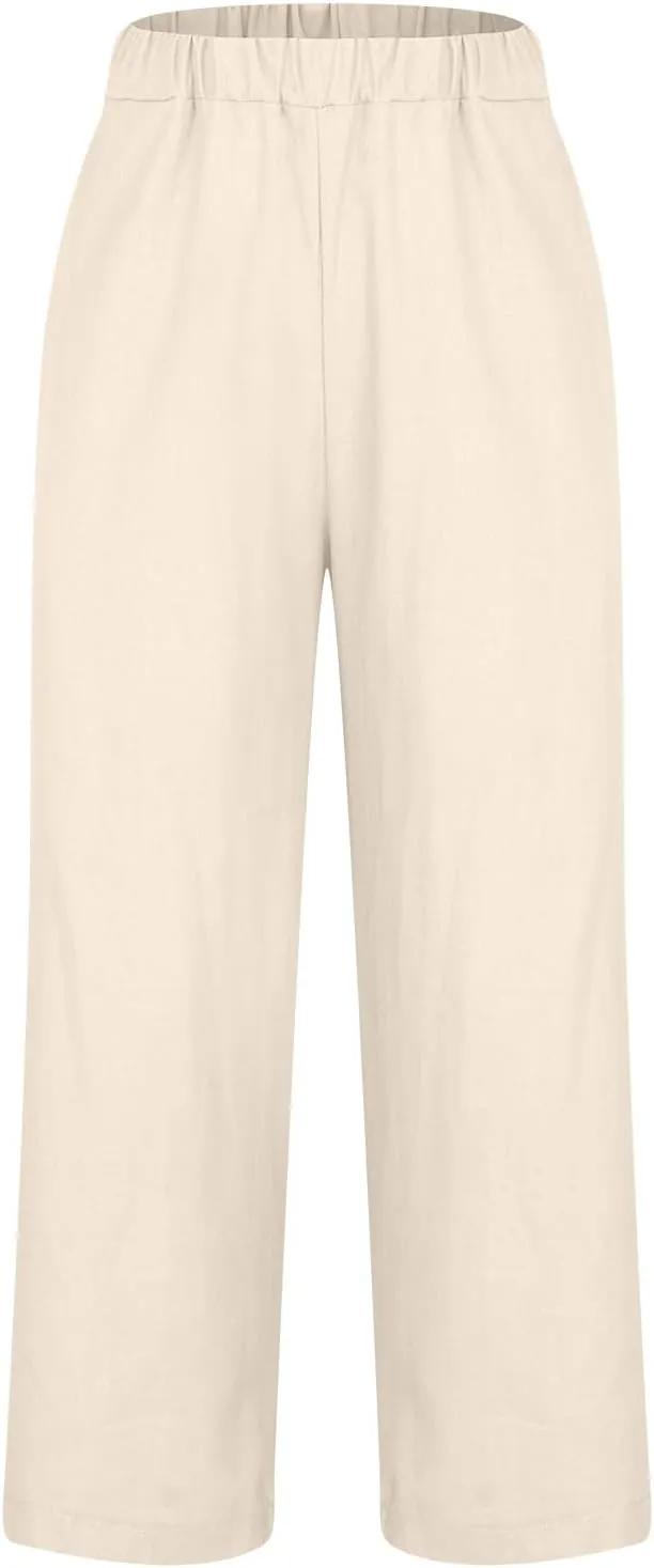 Hvyesh Linen Pants Women Summer, Womens Linen Pants Petite Length Elastic Waist Wed Leg, Straight Leg Pants for Women Casual