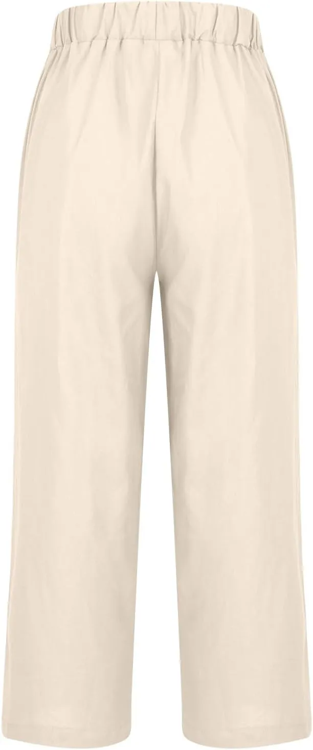 Hvyesh Linen Pants Women Summer, Womens Linen Pants Petite Length Elastic Waist Wed Leg, Straight Leg Pants for Women Casual