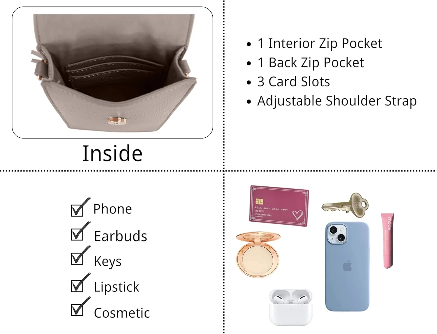 Izzy & Ali Compact Phone Crossbody Bag, Rectangular, Tassel Accent, Adjustable Chain Strap, Magnetic Flap Closure
