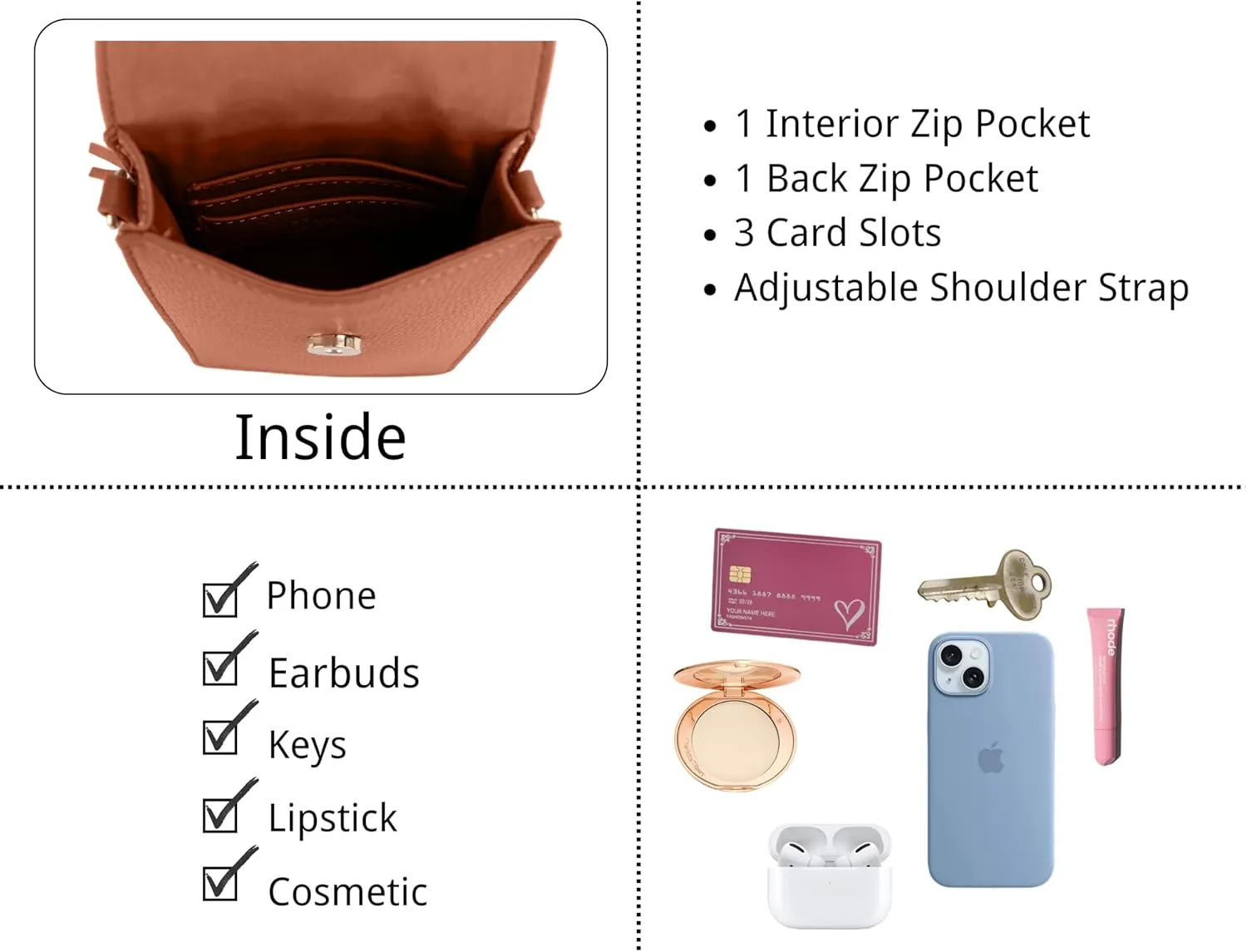 Izzy & Ali Compact Phone Crossbody Bag, Rectangular, Tassel Accent, Adjustable Chain Strap, Magnetic Flap Closure