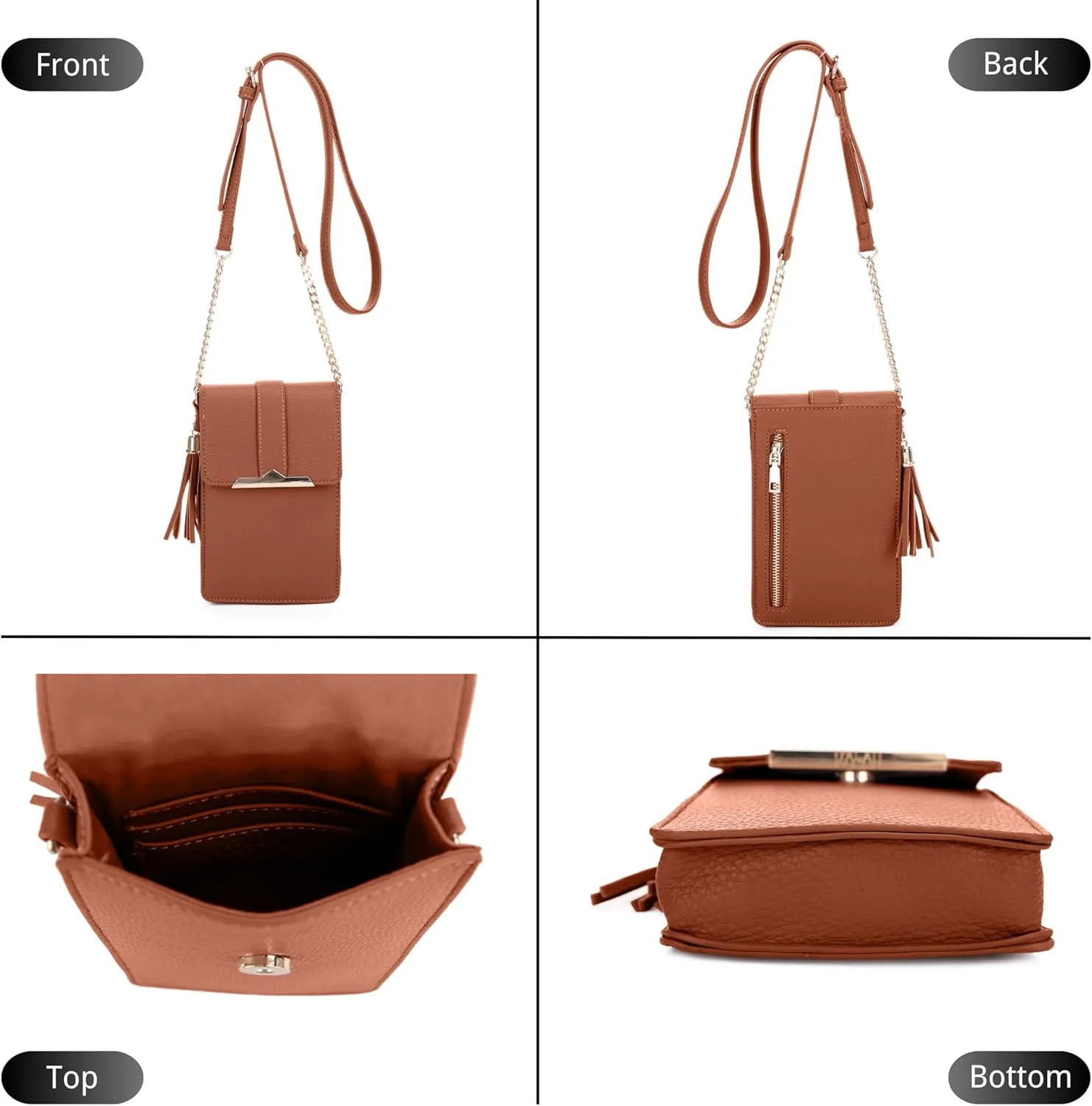 Izzy & Ali Compact Phone Crossbody Bag, Rectangular, Tassel Accent, Adjustable Chain Strap, Magnetic Flap Closure