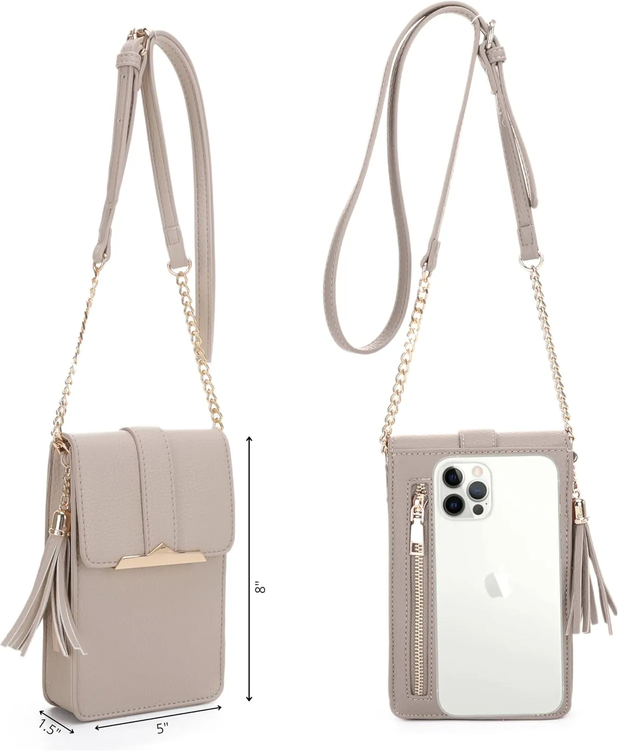 Izzy & Ali Compact Phone Crossbody Bag, Rectangular, Tassel Accent, Adjustable Chain Strap, Magnetic Flap Closure