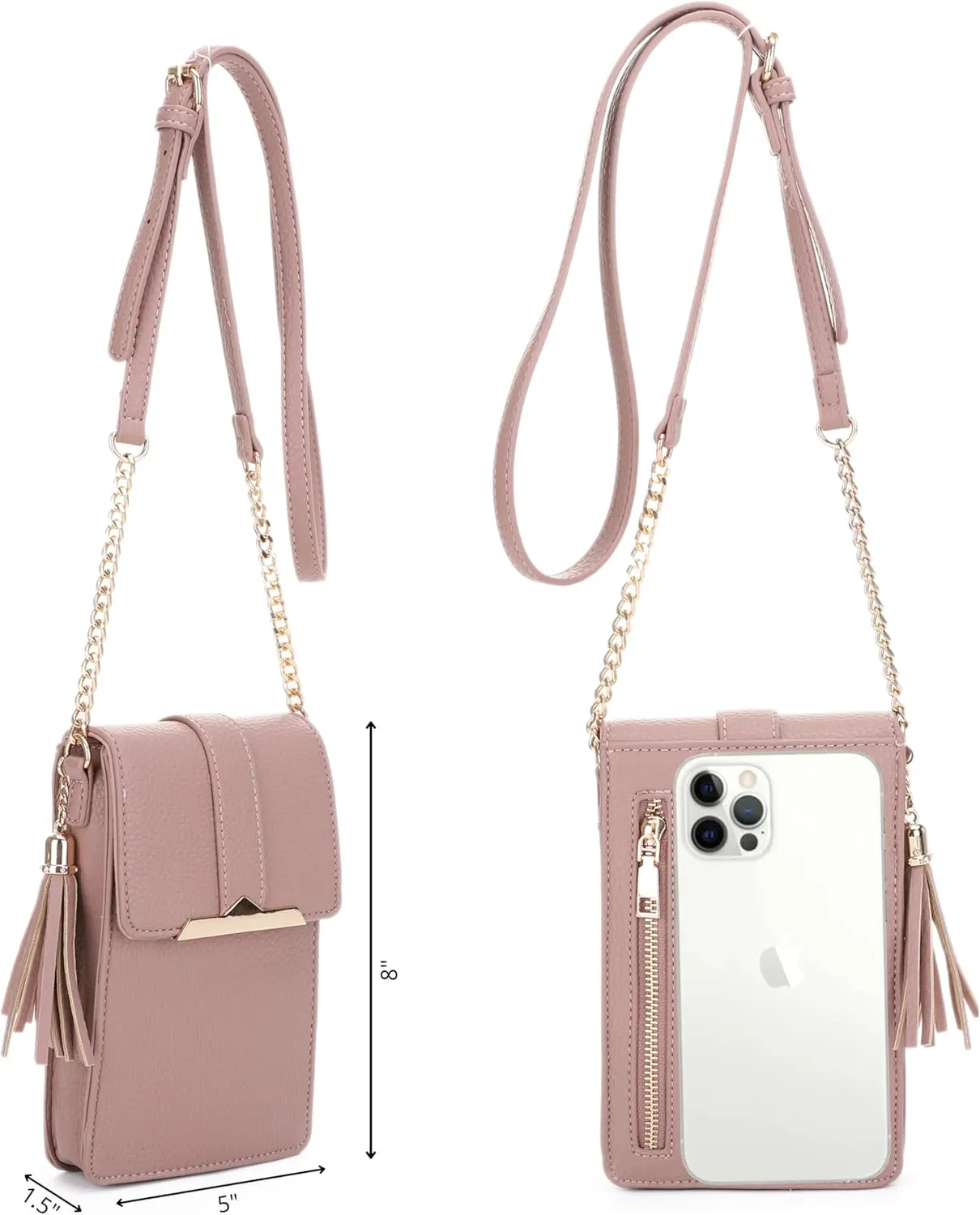 Izzy & Ali Compact Phone Crossbody Bag, Rectangular, Tassel Accent, Adjustable Chain Strap, Magnetic Flap Closure