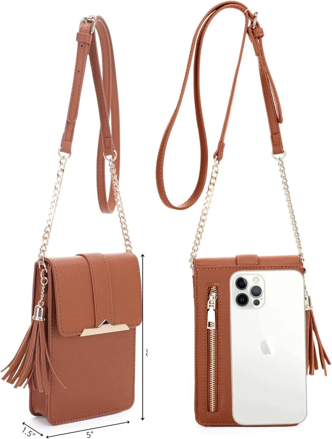 Izzy & Ali Compact Phone Crossbody Bag, Rectangular, Tassel Accent, Adjustable Chain Strap, Magnetic Flap Closure