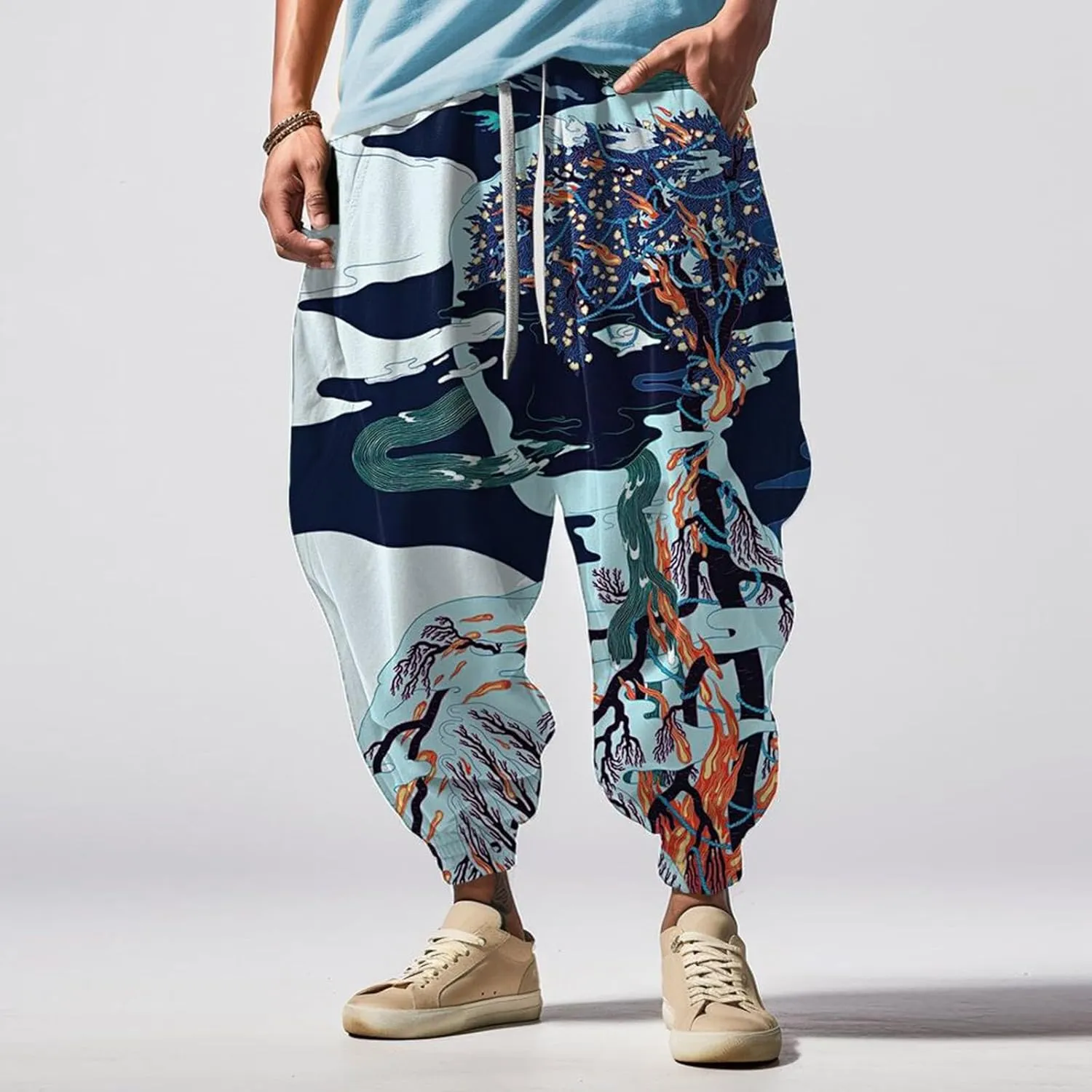 Japanese Drop Crotch Trousers Casual Drawstring Men Elastic Waist with Pockets Waist Men's Mens Hip Hop Harem Pants