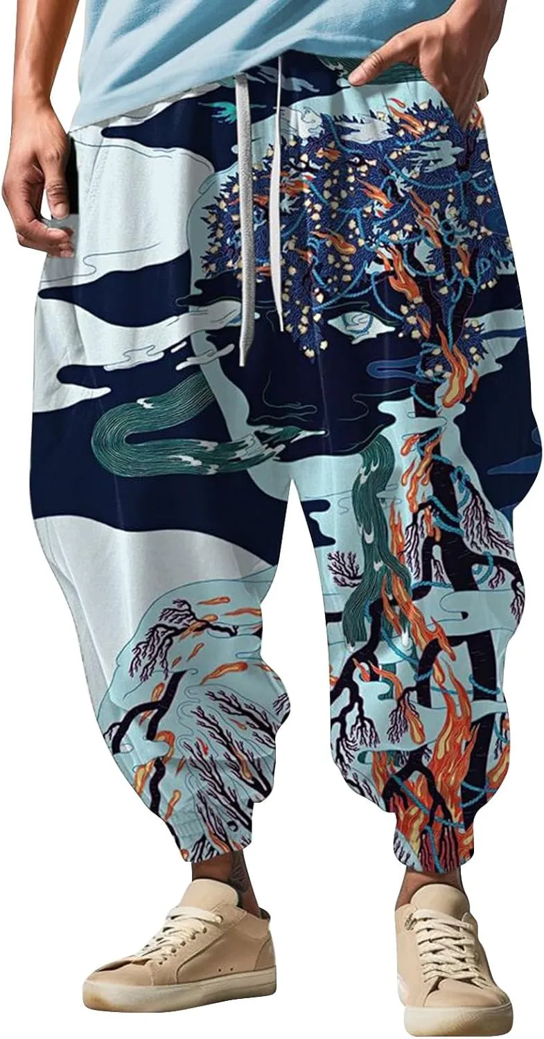 Japanese Drop Crotch Trousers Casual Drawstring Men Elastic Waist with Pockets Waist Men's Mens Hip Hop Harem Pants