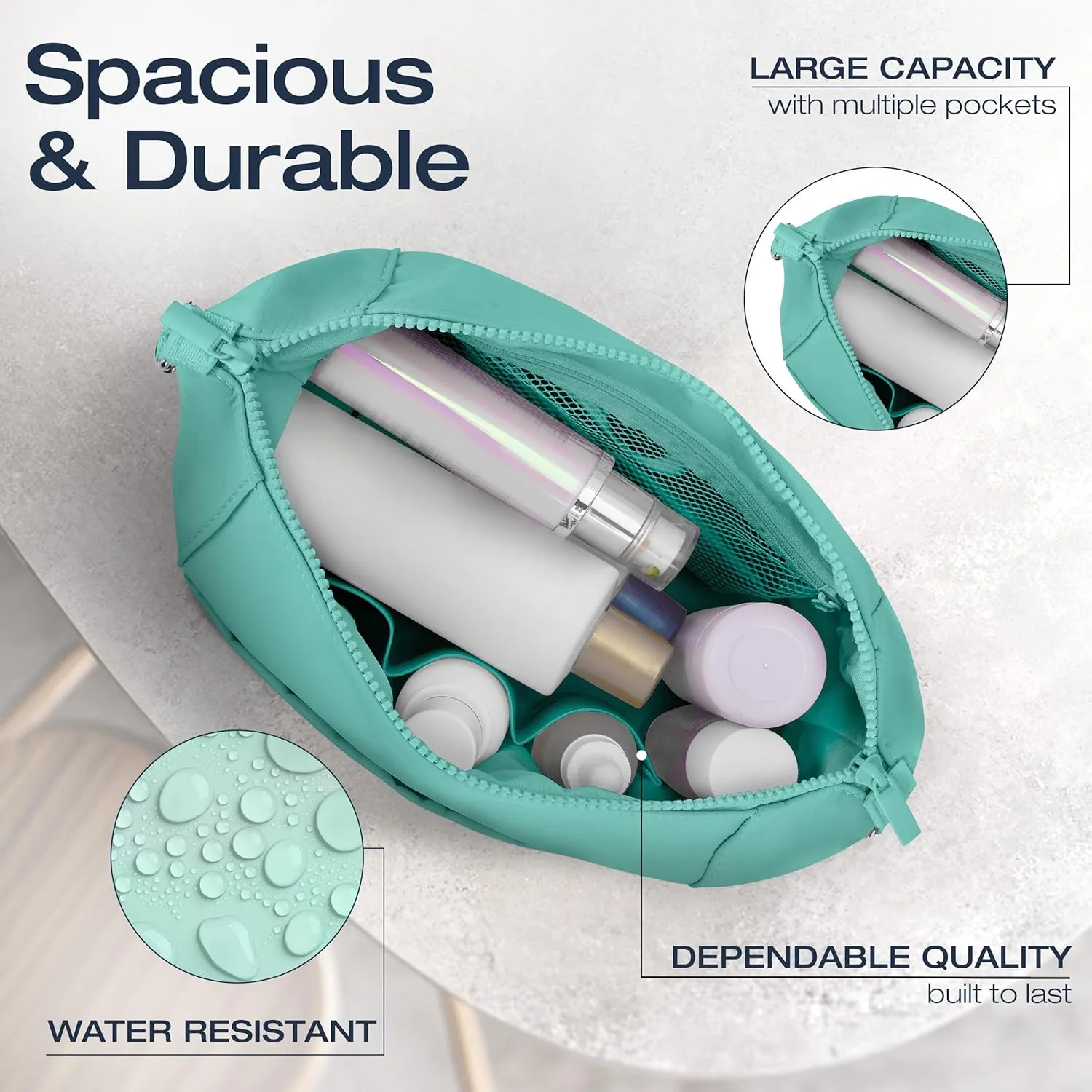 KAZAY Travel Toiletry Bag, Large Capacity with Side Clips for Adjustable Sizing, Premium Nylon, Water Resistant, Cosmetic Bag, Stylish, Full-Size Bottles, Makeup Bag, Unisex (Aqua)