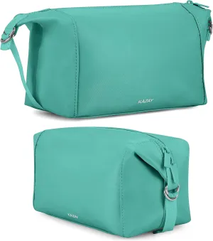 KAZAY Travel Toiletry Bag, Large Capacity with Side Clips for Adjustable Sizing, Premium Nylon, Water Resistant, Cosmetic Bag, Stylish, Full-Size Bottles, Makeup Bag, Unisex (Aqua)