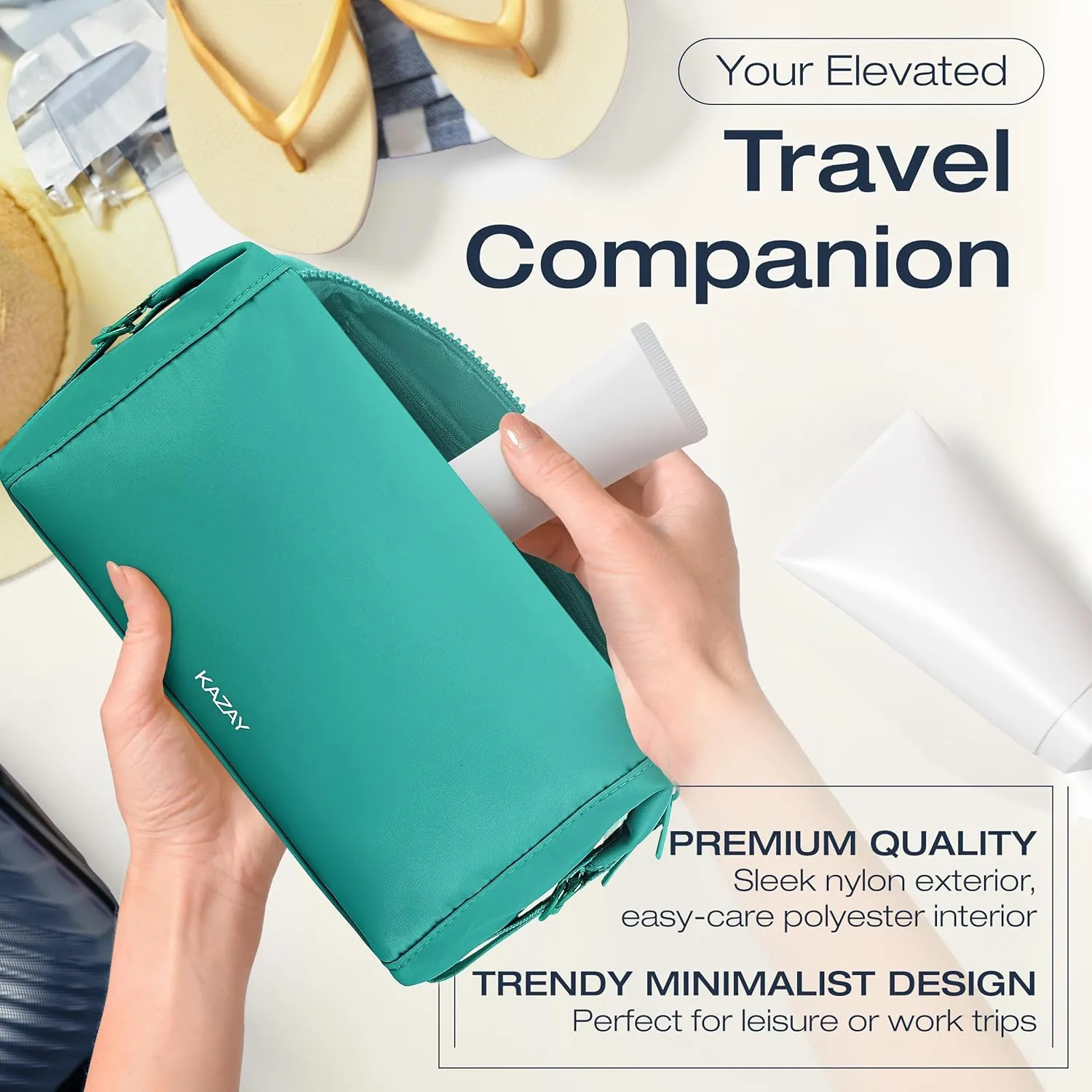 KAZAY Travel Toiletry Bag, Large Capacity with Side Clips for Adjustable Sizing, Premium Nylon, Water Resistant, Cosmetic Bag, Stylish, Full-Size Bottles, Makeup Bag, Unisex (Aqua)