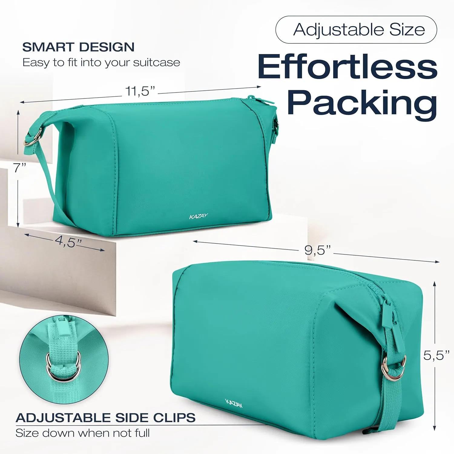 KAZAY Travel Toiletry Bag, Large Capacity with Side Clips for Adjustable Sizing, Premium Nylon, Water Resistant, Cosmetic Bag, Stylish, Full-Size Bottles, Makeup Bag, Unisex (Aqua)