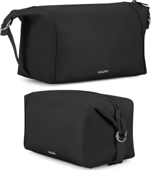 KAZAY Travel Toiletry Bag, Large Capacity with Side Clips for Adjustable Sizing, Premium Nylon, Water Resistant, Cosmetic Bag, Stylish, Full-Size Bottles, Makeup Bag, Unisex (Black)