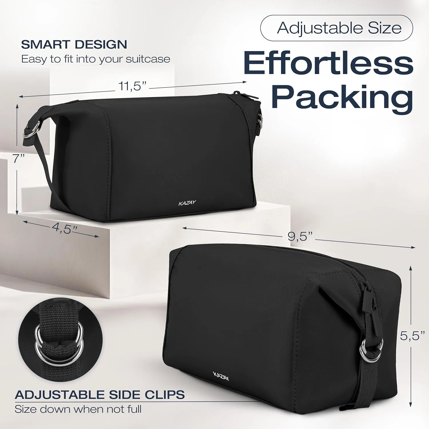 KAZAY Travel Toiletry Bag, Large Capacity with Side Clips for Adjustable Sizing, Premium Nylon, Water Resistant, Cosmetic Bag, Stylish, Full-Size Bottles, Makeup Bag, Unisex (Black)