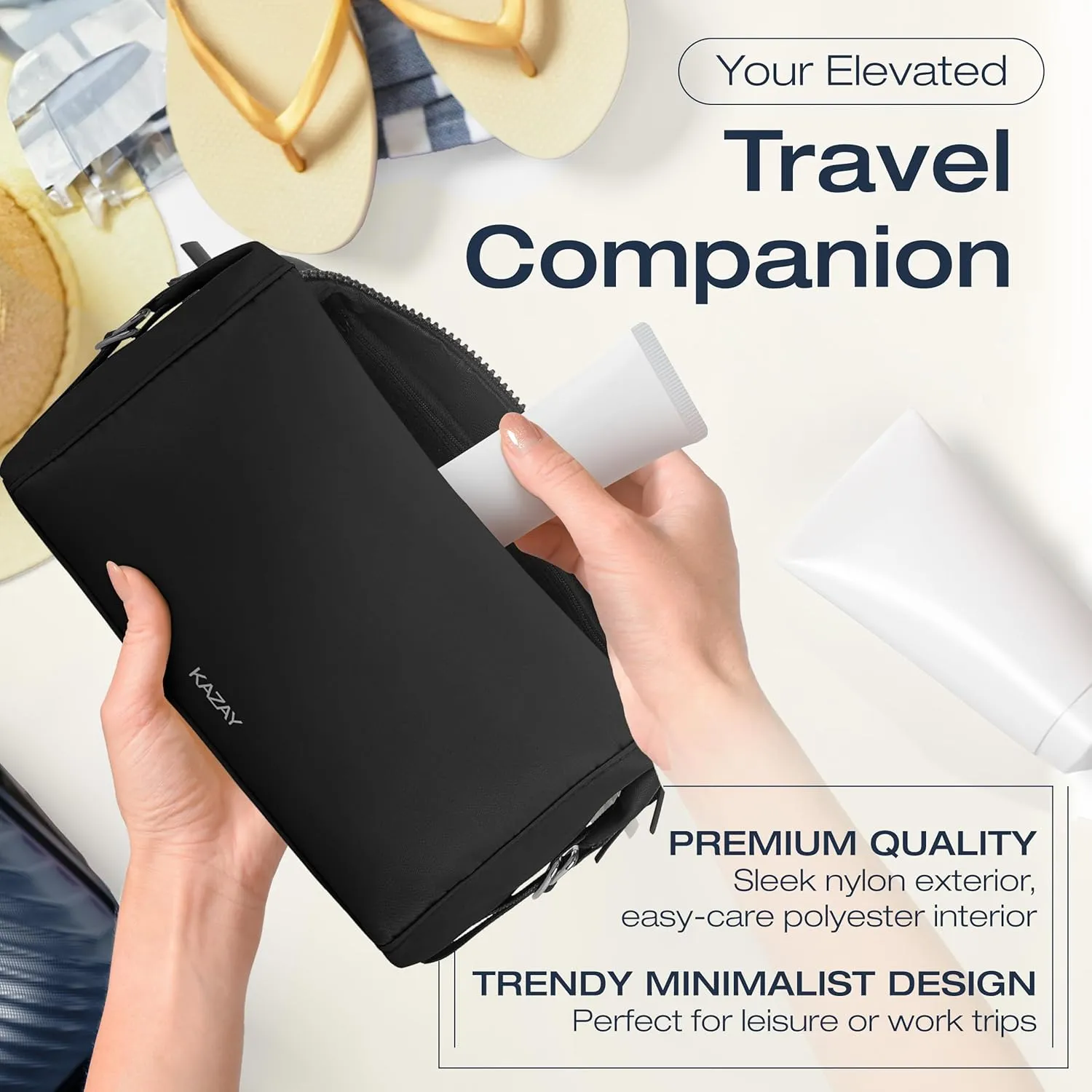 KAZAY Travel Toiletry Bag, Large Capacity with Side Clips for Adjustable Sizing, Premium Nylon, Water Resistant, Cosmetic Bag, Stylish, Full-Size Bottles, Makeup Bag, Unisex (Black)