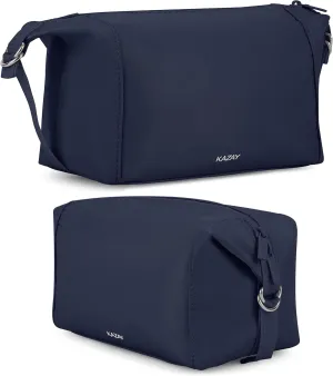 KAZAY Travel Toiletry Bag, Large Capacity with Side Clips for Adjustable Sizing, Premium Nylon, Water Resistant, Cosmetic Bag, Stylish, Full-Size Bottles, Makeup Bag, Unisex (Navy)