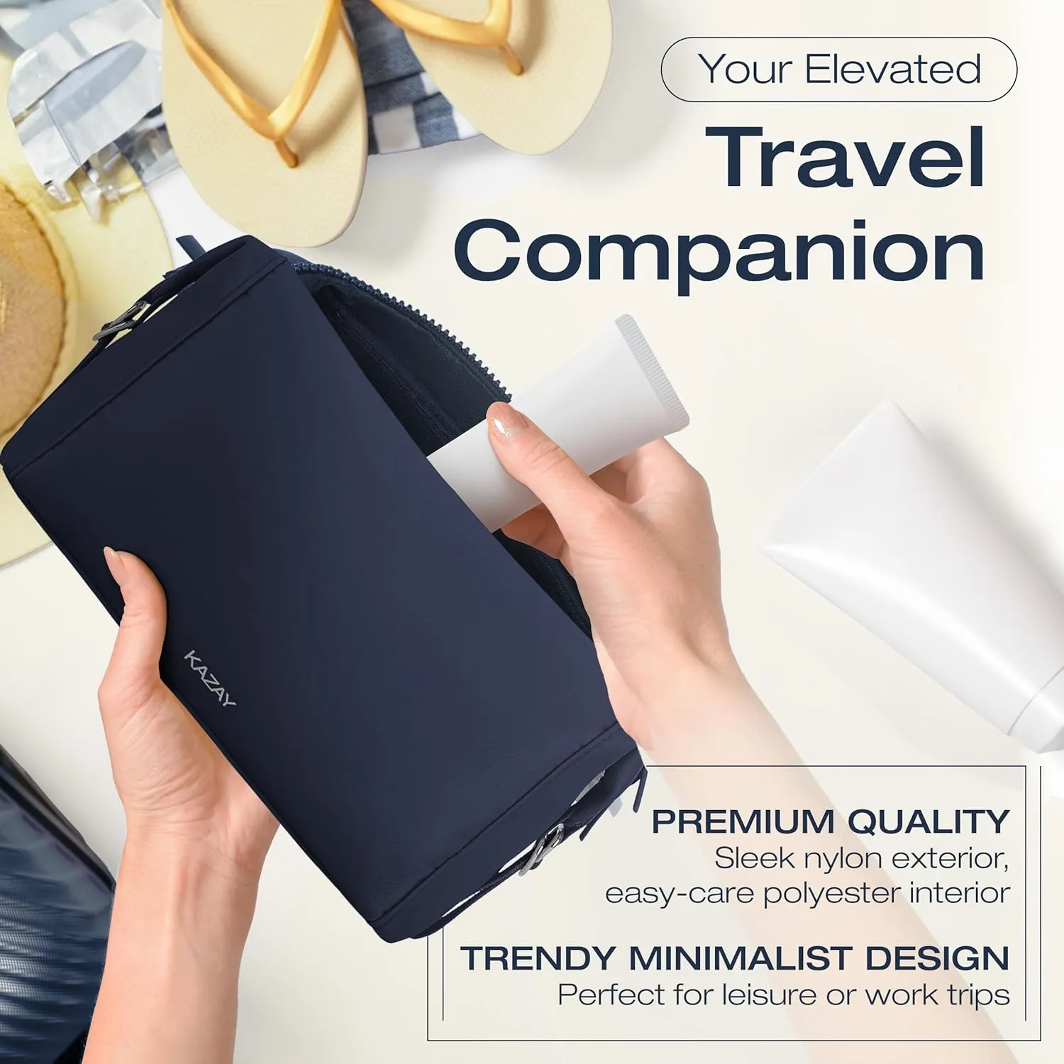 KAZAY Travel Toiletry Bag, Large Capacity with Side Clips for Adjustable Sizing, Premium Nylon, Water Resistant, Cosmetic Bag, Stylish, Full-Size Bottles, Makeup Bag, Unisex (Navy)