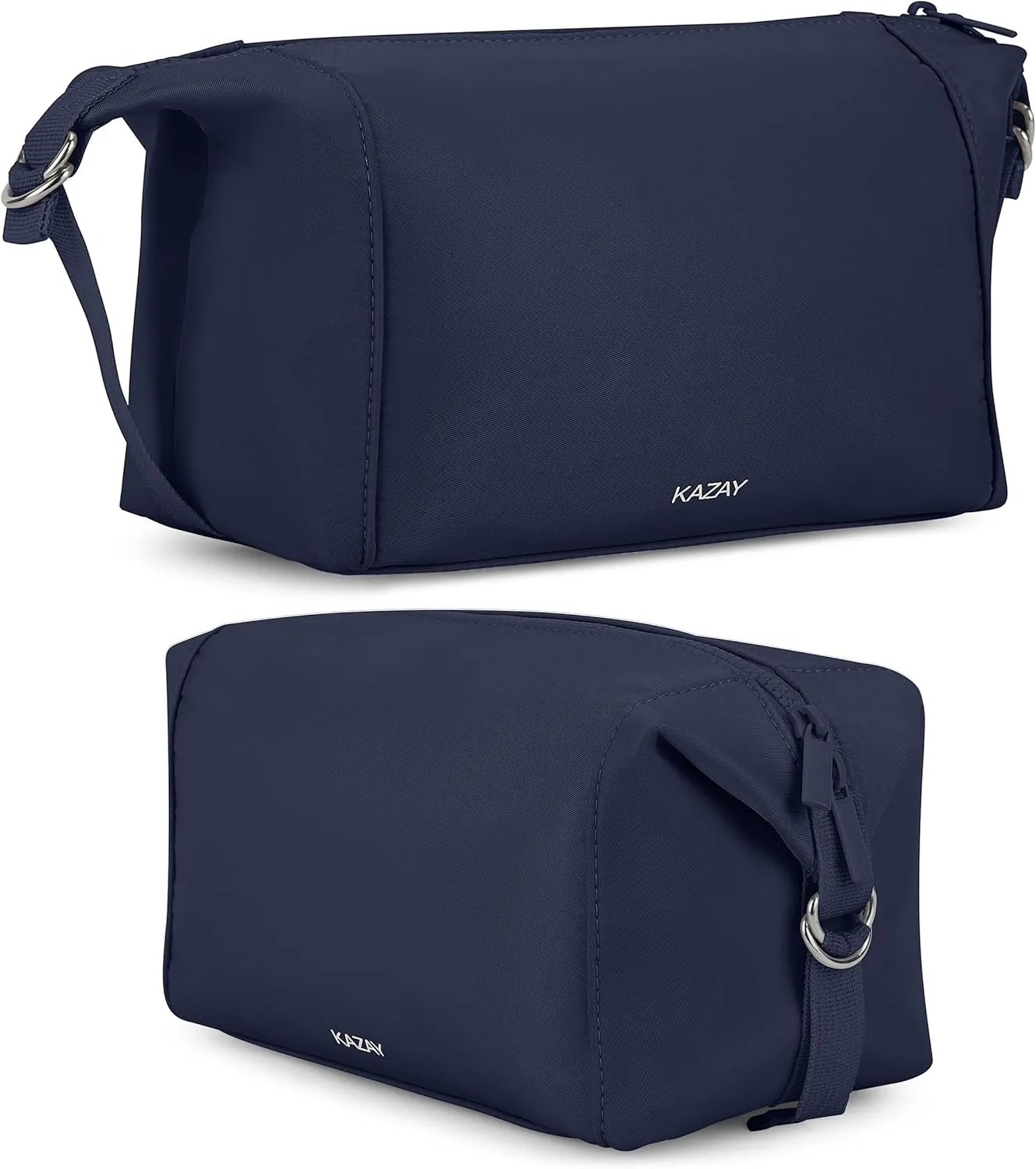KAZAY Travel Toiletry Bag, Large Capacity with Side Clips for Adjustable Sizing, Premium Nylon, Water Resistant, Cosmetic Bag, Stylish, Full-Size Bottles, Makeup Bag, Unisex (Navy)