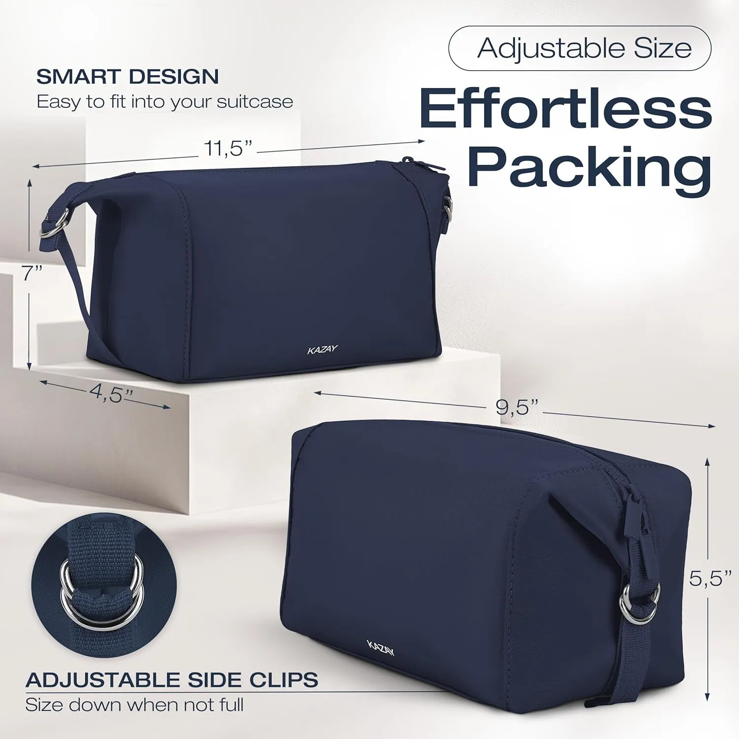 KAZAY Travel Toiletry Bag, Large Capacity with Side Clips for Adjustable Sizing, Premium Nylon, Water Resistant, Cosmetic Bag, Stylish, Full-Size Bottles, Makeup Bag, Unisex (Navy)