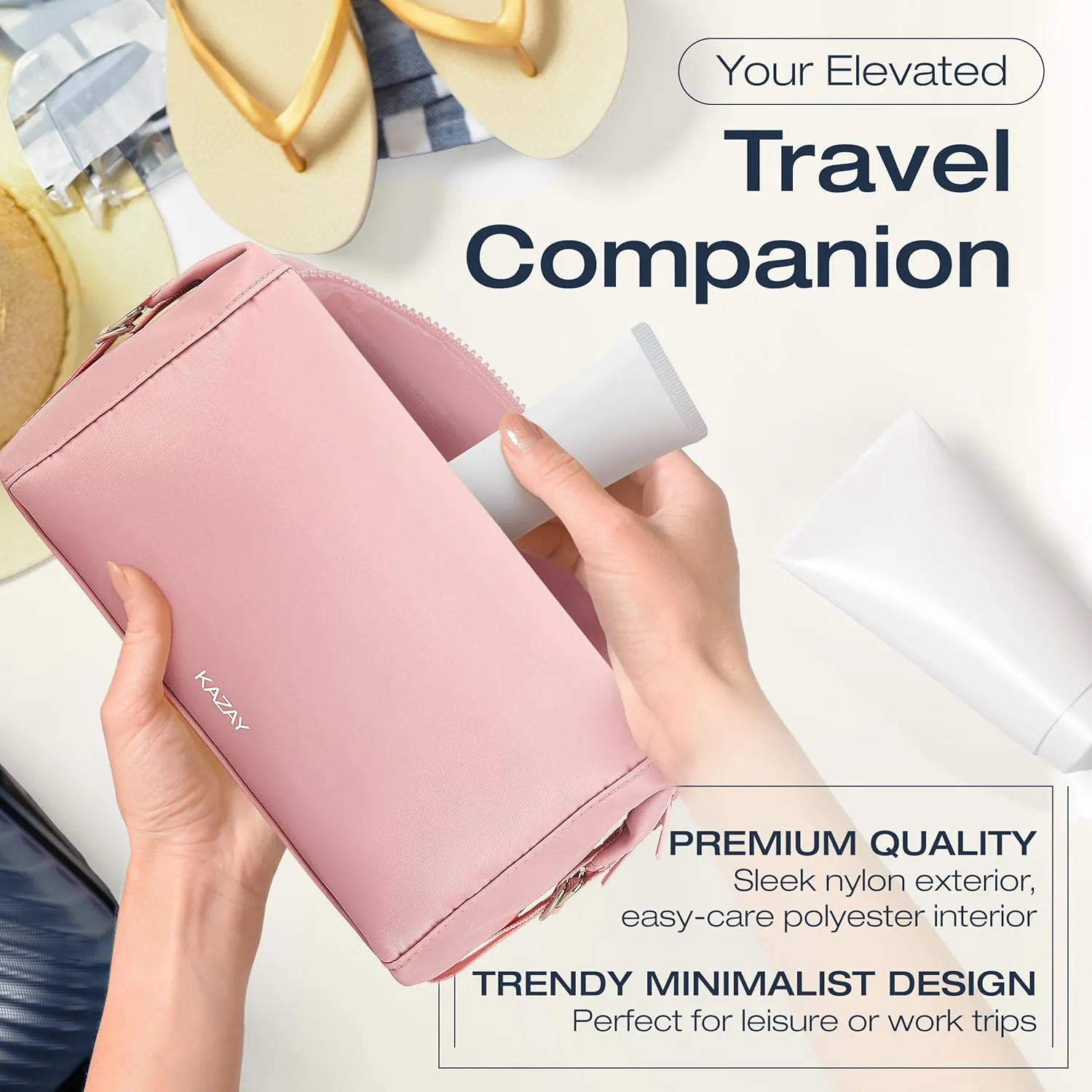 KAZAY Travel Toiletry Bag, Large Capacity with Side Clips for Adjustable Sizing, Premium Nylon, Water Resistant, Cosmetic Bag, Stylish, Full-Size Bottles, Makeup Bag, Unisex (Pink)