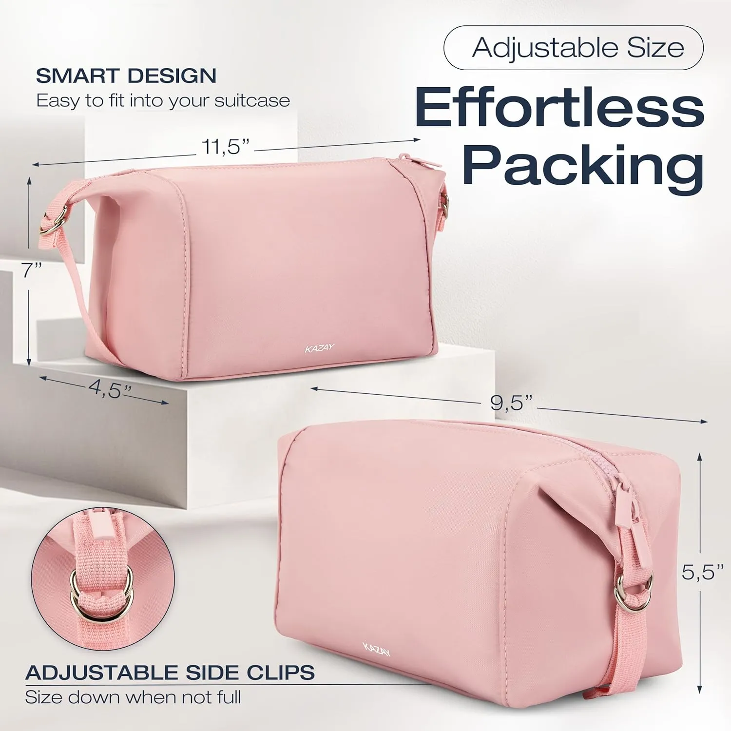 KAZAY Travel Toiletry Bag, Large Capacity with Side Clips for Adjustable Sizing, Premium Nylon, Water Resistant, Cosmetic Bag, Stylish, Full-Size Bottles, Makeup Bag, Unisex (Pink)