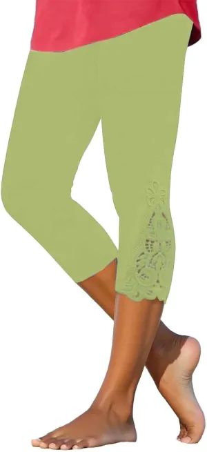 Lace Leggings for Women 2024 Trendy Plus Size High Waist Capri Cropped Leggings Slim Fitting Stretch Tights Summer Yoga Pants