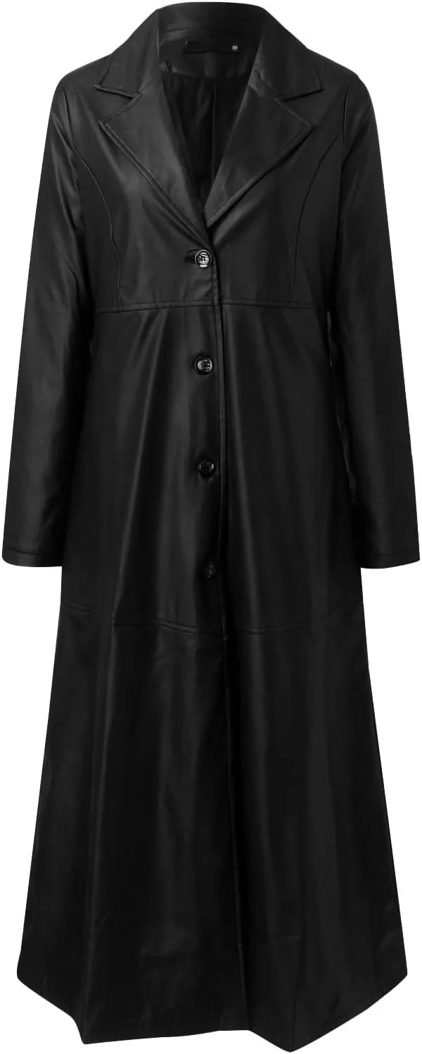 Leather Trench Coat Women's Large Size Single Breasted Pea Coat Notch Collar Long Coat 2024 Winter Jacket