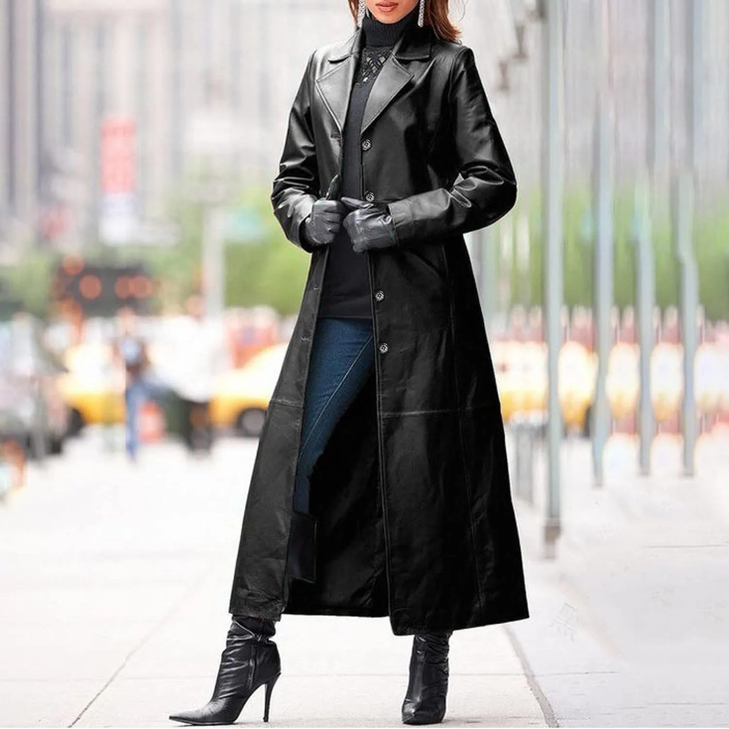 Leather Trench Coat Women's Large Size Single Breasted Pea Coat Notch Collar Long Coat 2024 Winter Jacket