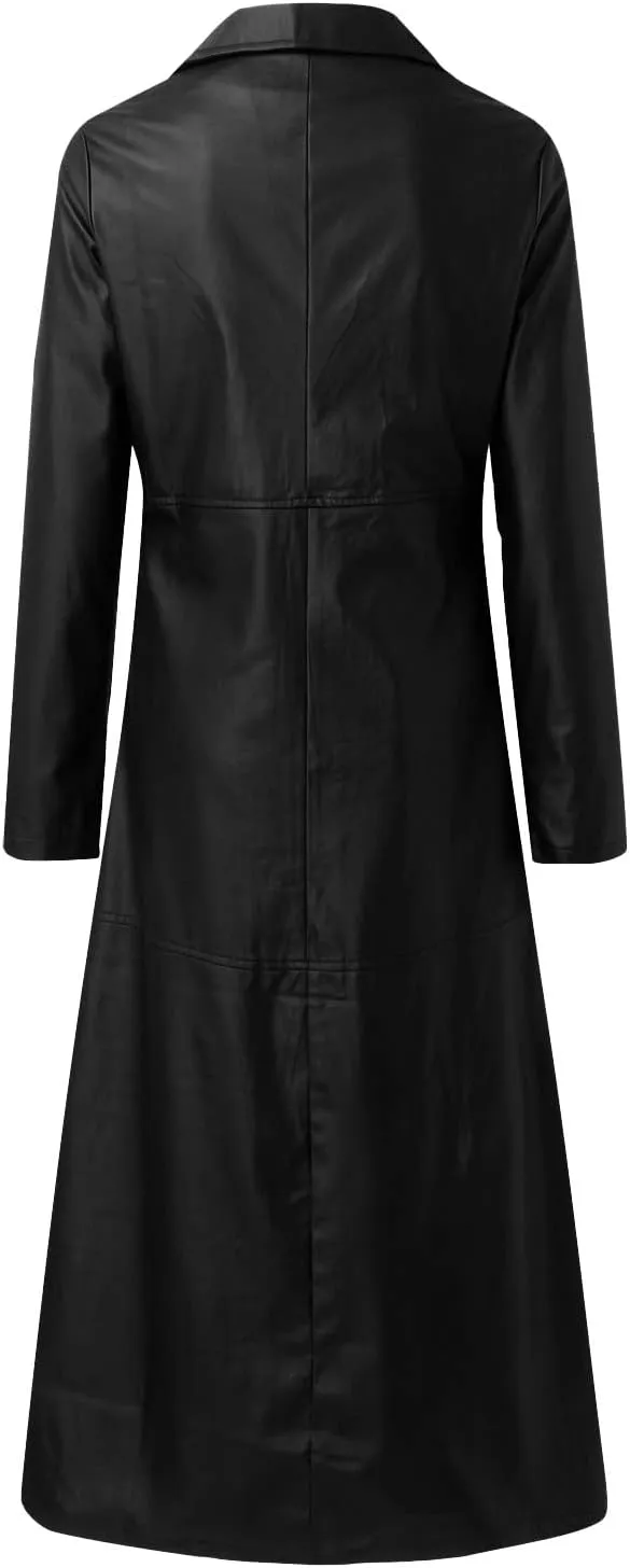 Leather Trench Coat Women's Large Size Single Breasted Pea Coat Notch Collar Long Coat 2024 Winter Jacket
