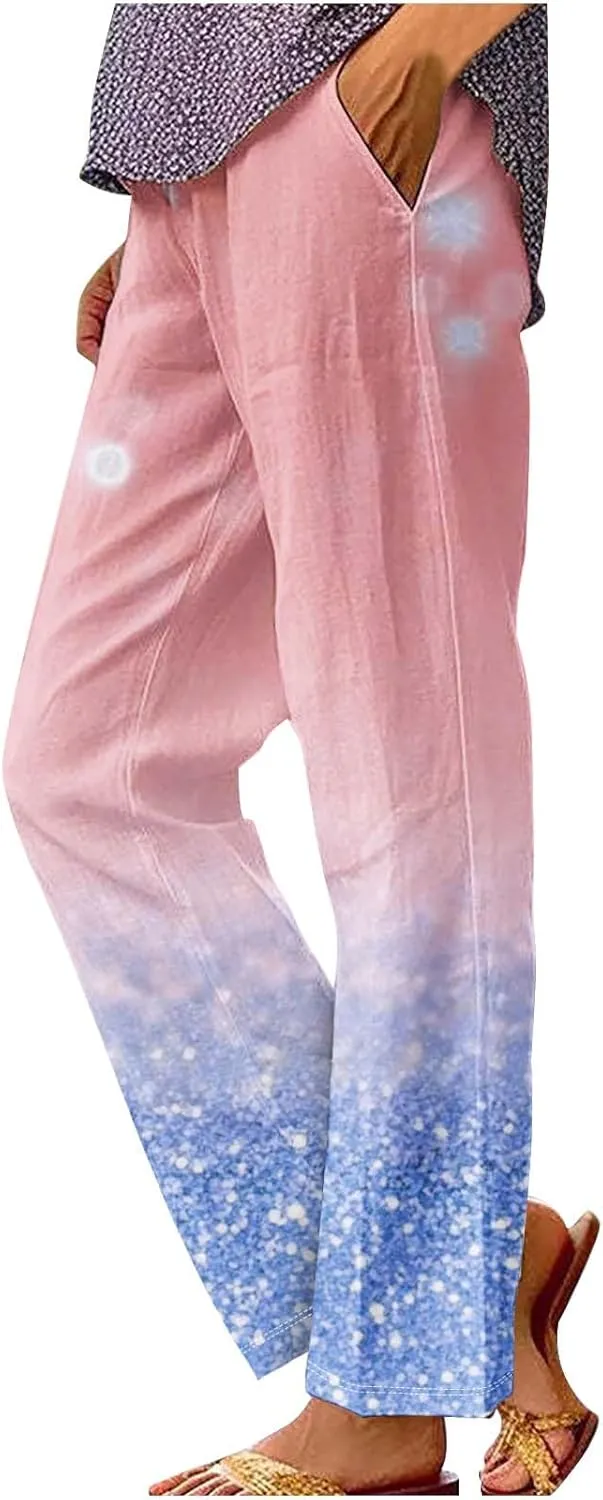 Liene Pants for Women,Womens Casual Summer 2025 Drawstring Elastic High Waist Pant Comfy Woman Printed Trousers