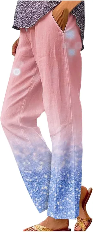 Liene Pants for Women,Womens Casual Summer 2025 Drawstring Elastic High Waist Pant Comfy Woman Printed Trousers
