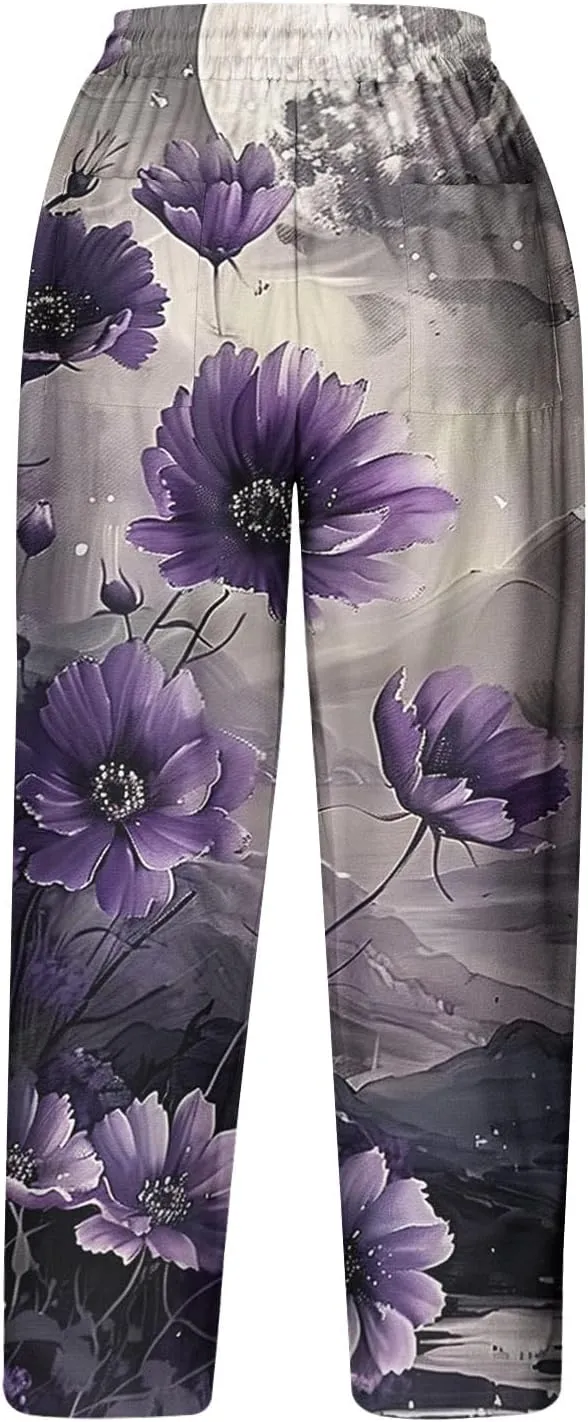 Liene Pants for Women,Womens Casual Summer 2025 Drawstring Elastic High Waist Printed Pant Comfy Woman Trousers