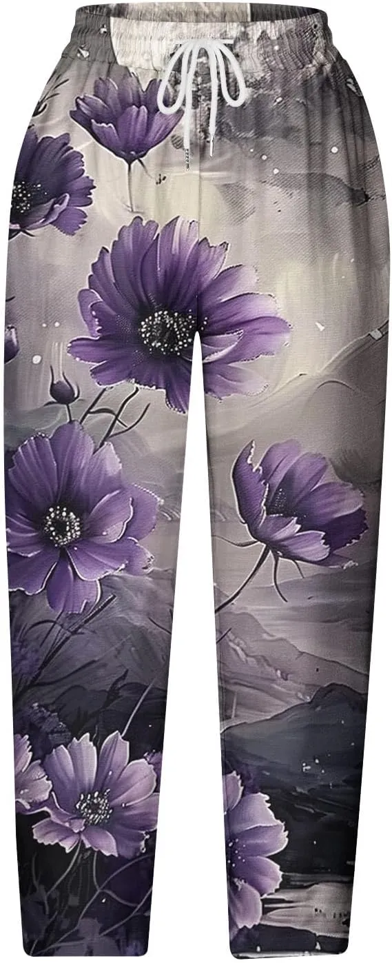 Liene Pants for Women,Womens Casual Summer 2025 Drawstring Elastic High Waist Printed Pant Comfy Woman Trousers