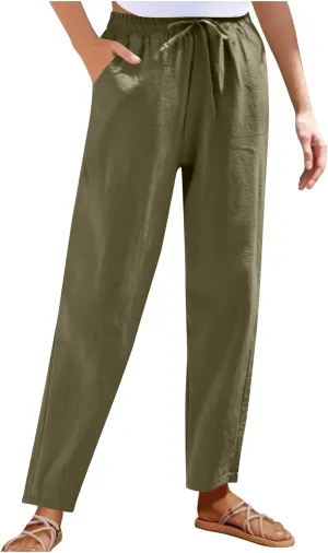 Liene Pants for Women,Wwomens Casual Summer 2025 Drawstring Elastic High Waist Pant Comfy Solid Color Trouser