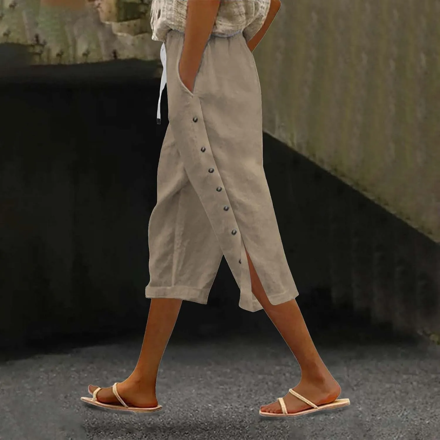 Linen Capri Pants for Women Summer 2025 Wide Leg Loose Drawstring Elastic Waist Cropped Trouser