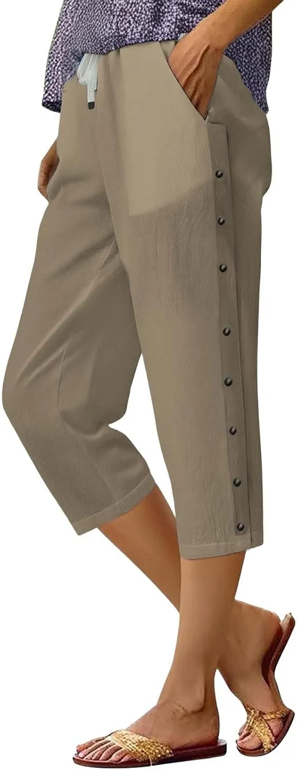 Linen Capri Pants for Women Summer 2025 Wide Leg Loose Drawstring Elastic Waist Cropped Trouser
