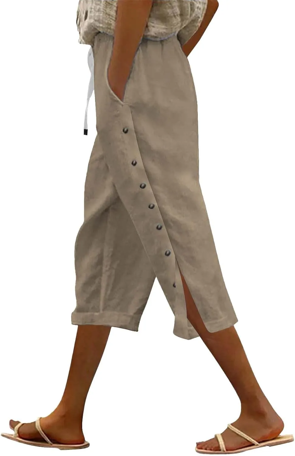 Linen Capri Pants for Women Summer 2025 Wide Leg Loose Drawstring Elastic Waist Cropped Trouser