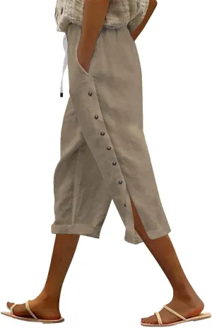 Linen Capri Pants for Women Summer 2025 Wide Leg Loose Drawstring Elastic Waist Cropped Trouser