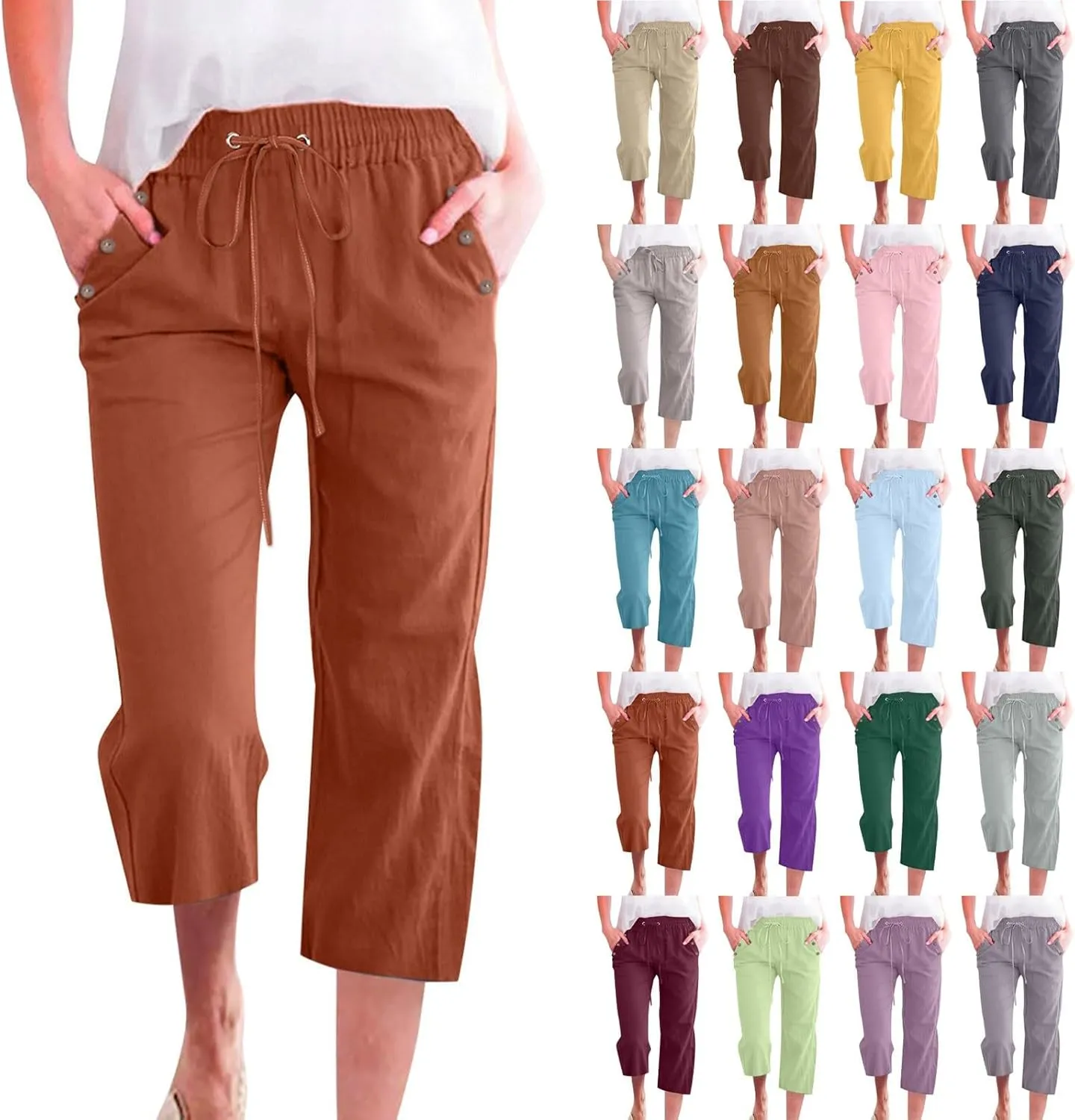 Linen Capris Pants Women High Waist Drawstring Comfy Casual Lightweight Wide Leg Cropped Trousers 2025 Beach Vacation Outfits