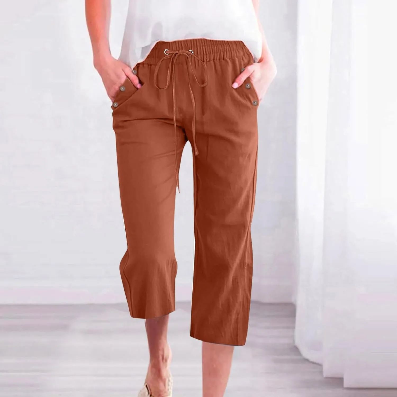 Linen Capris Pants Women High Waist Drawstring Comfy Casual Lightweight Wide Leg Cropped Trousers 2025 Beach Vacation Outfits