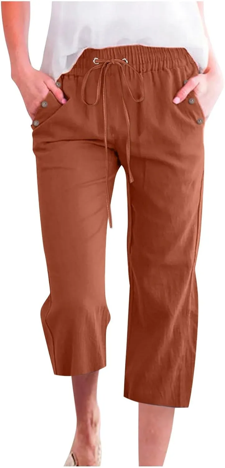 Linen Capris Pants Women High Waist Drawstring Comfy Casual Lightweight Wide Leg Cropped Trousers 2025 Beach Vacation Outfits
